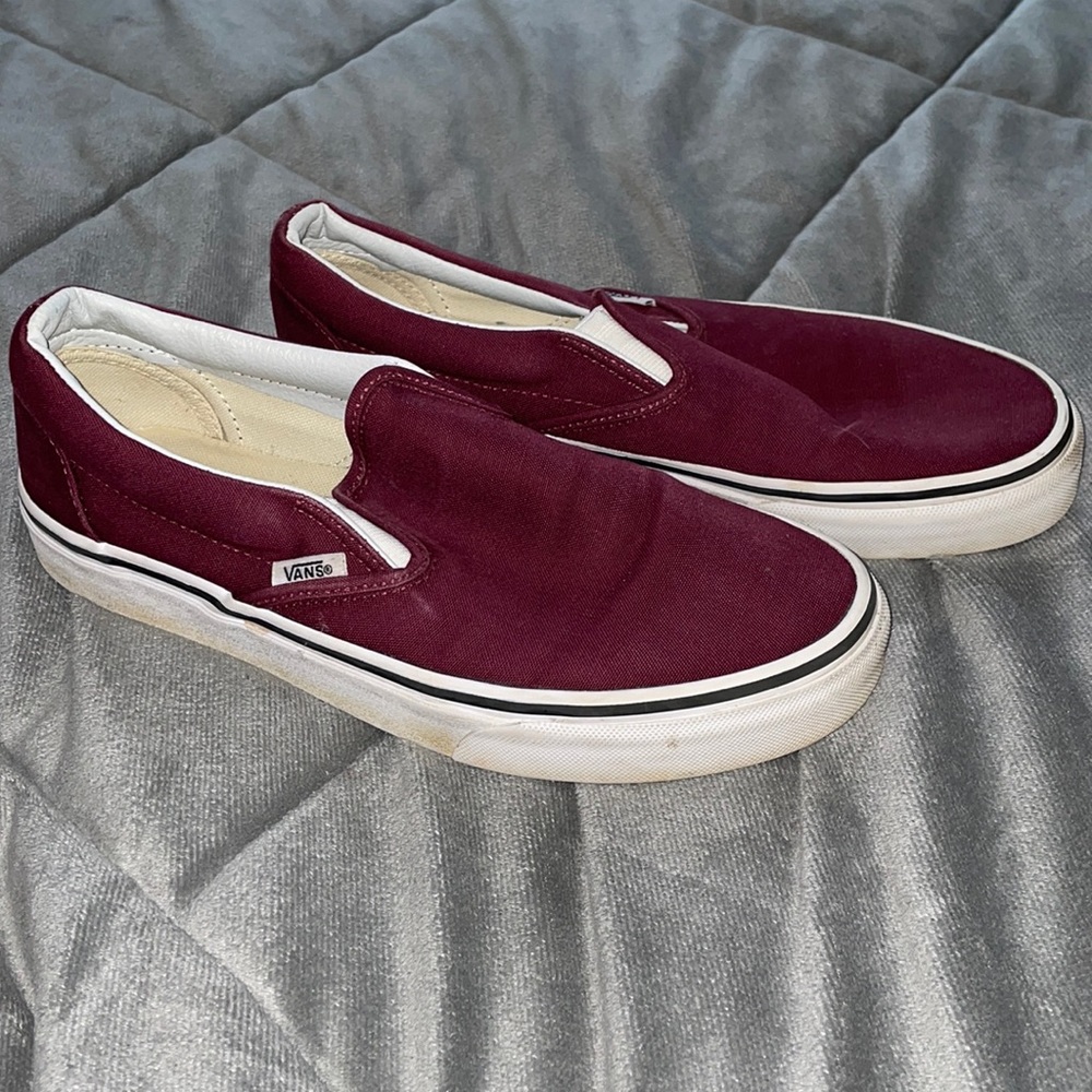 Slightly worn burgundy slip on vans!